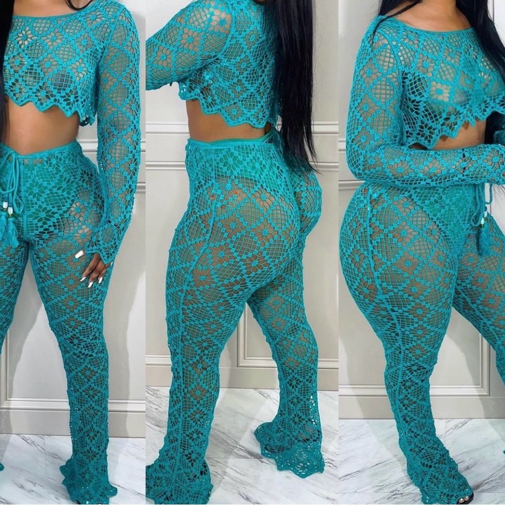 Women's Teal Crochet Pants & Jumpsuit Set